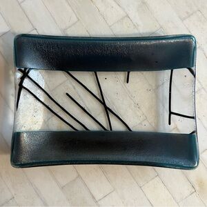Small Black and Blue Glass Vanity Tray with Abstract Design